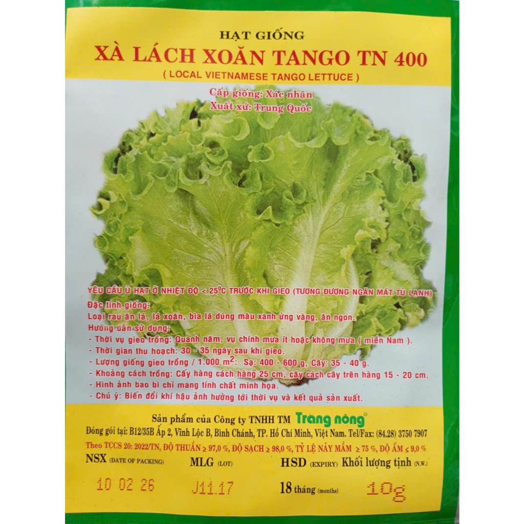 Xà Lách Xoăn Tango gói 10gr, Rau Ăn Lá Trang Nông TN 400, Hạt Nảy Mầm Nhanh, Mạnh