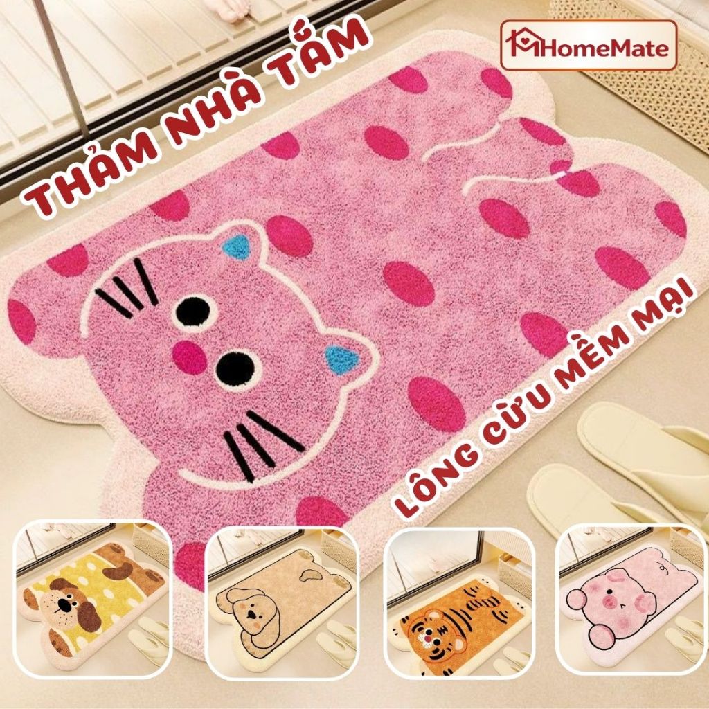 Thảm Lau Chân Nhà Tắm Cashmere Lông Mềm – Thấm Nước Nhanh Khô, Chống Trượt, Hình Thú Dễ Thương Giặt Máy