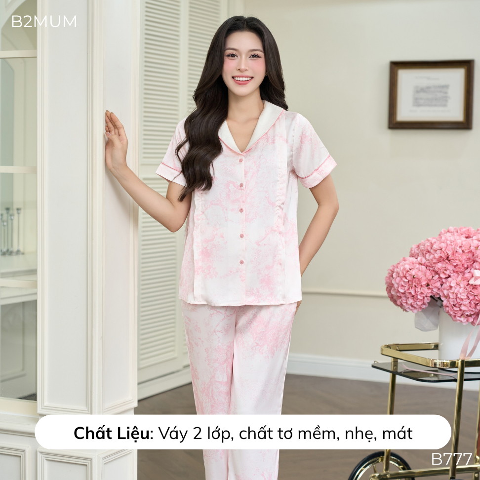 Bộ đồ lụa áo ngắn, quần dài cho mẹ bầu và sau sinh, chất liệu mềm mại, thiết kế tỉ mỉ thoáng mát cho mùa hè- B777 B2MUM