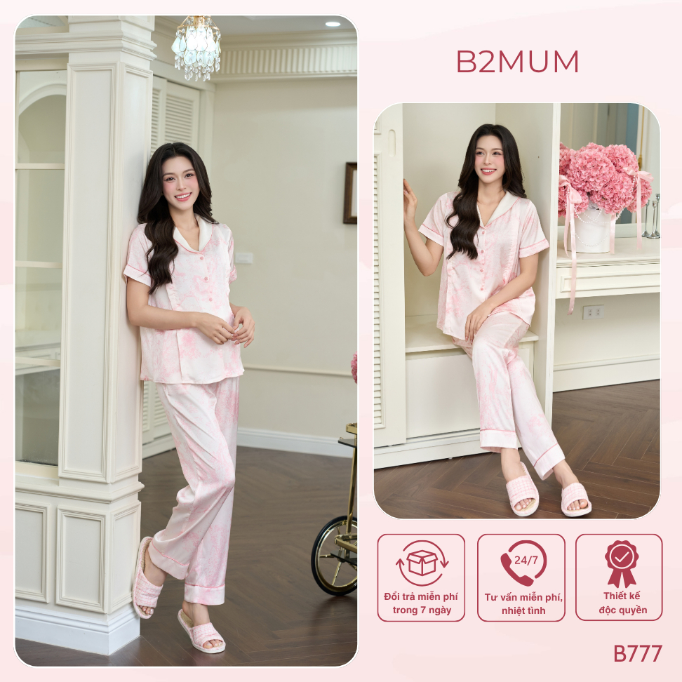 Bộ đồ lụa áo ngắn, quần dài cho mẹ bầu và sau sinh, chất liệu mềm mại, thiết kế tỉ mỉ thoáng mát cho mùa hè- B777 B2MUM