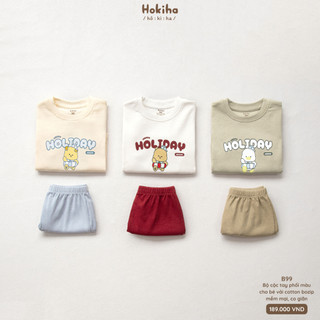 Bộ Cộc Tay Phối Quần Khác Màu Hình Đáng Yêu Cho Bé Hokiha Vải Cotton Mềm Mại, Co Giãn Thoải Mái Size Từ 8-17kg B99
