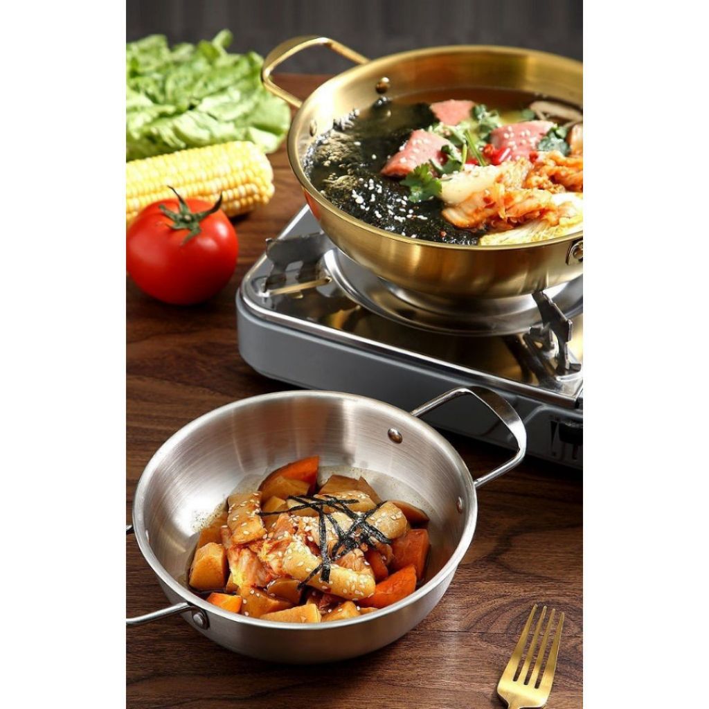 Nồi Nấu Mì Cay Inox Mạ Vàng 20cm ALO HOME Chảo Đáy Sâu Dùng Lẩu Mini Xào Nấu Tại Bàn Tiện Lợi