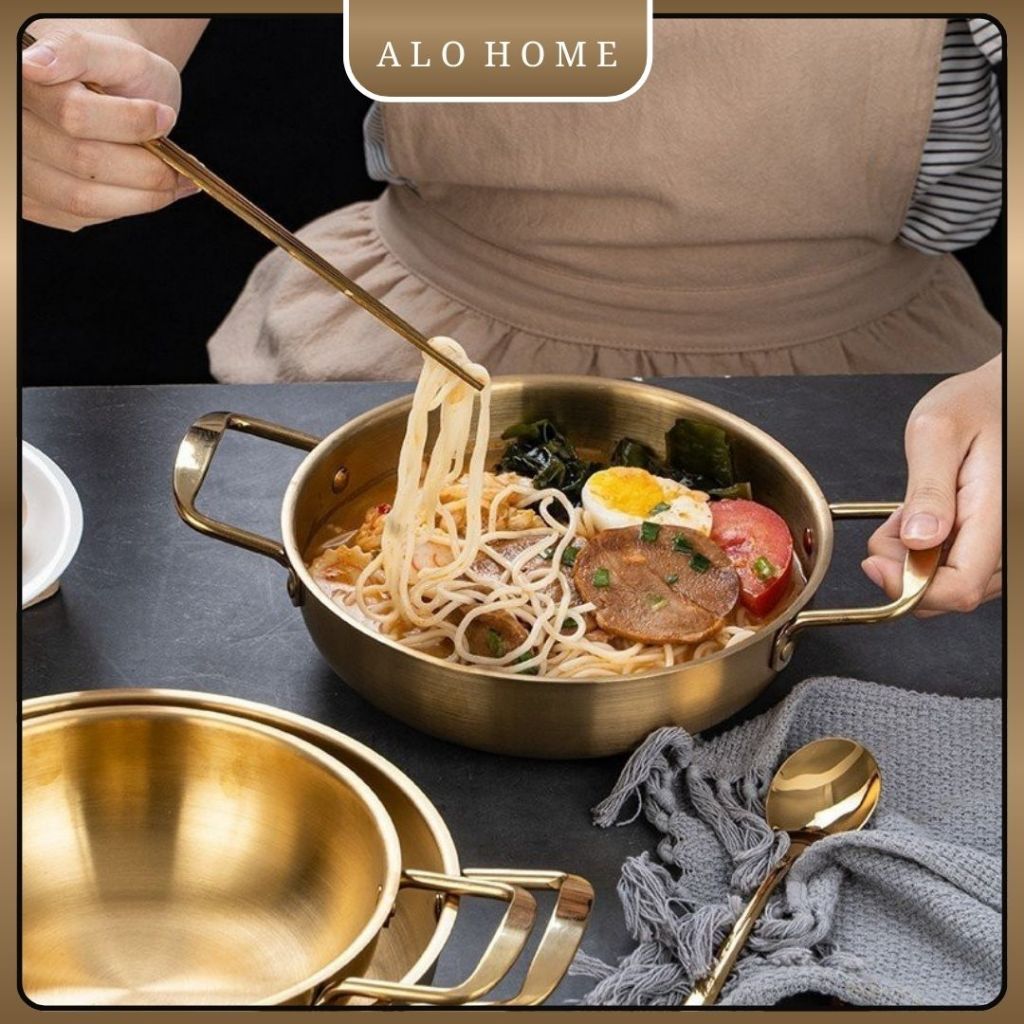 Nồi Nấu Mì Cay Inox Mạ Vàng 20cm ALO HOME Chảo Đáy Sâu Dùng Lẩu Mini Xào Nấu Tại Bàn Tiện Lợi