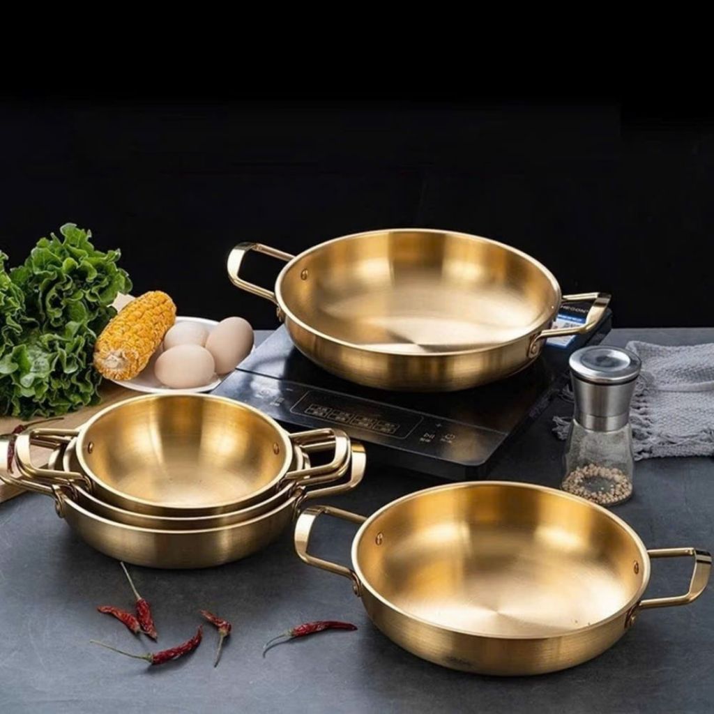 Nồi Nấu Mì Cay Inox Mạ Vàng 20cm ALO HOME Chảo Đáy Sâu Dùng Lẩu Mini Xào Nấu Tại Bàn Tiện Lợi