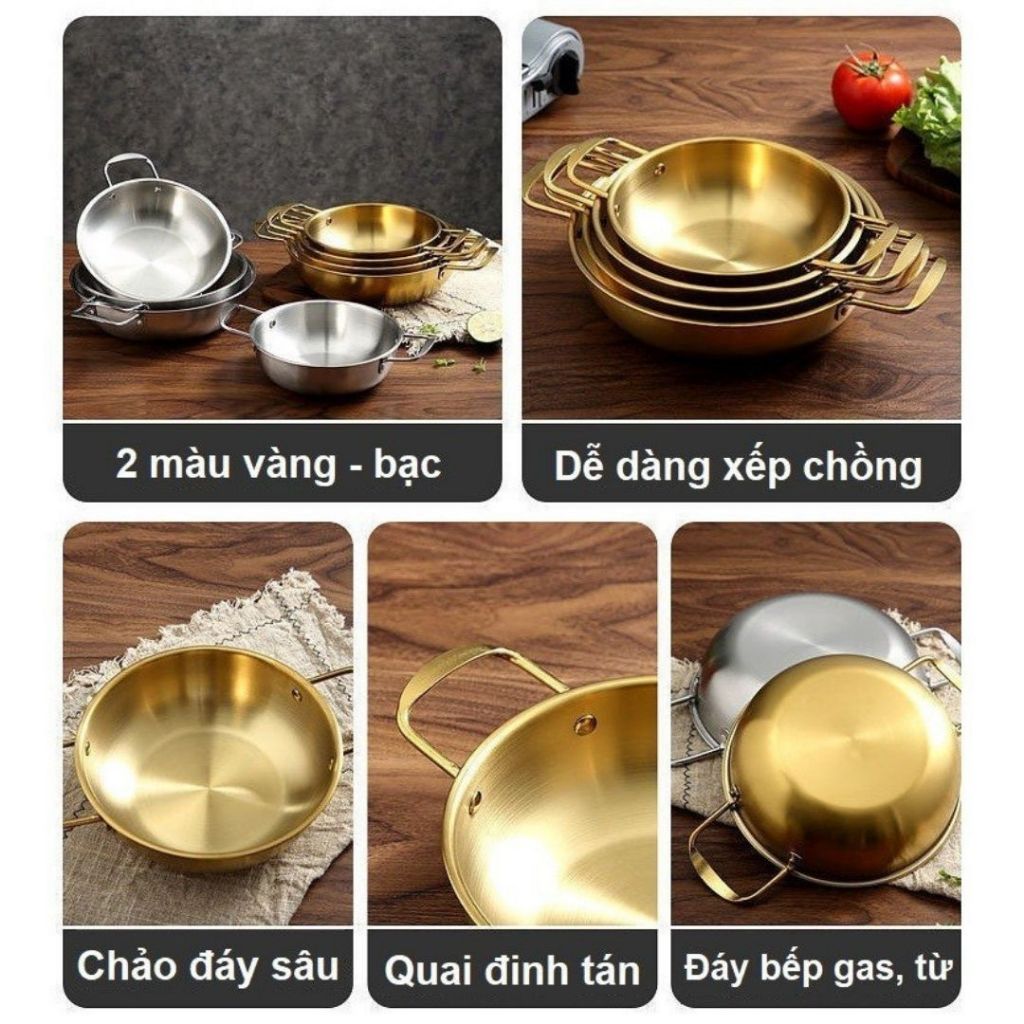 Nồi Nấu Mì Cay Inox Mạ Vàng 20cm ALO HOME Chảo Đáy Sâu Dùng Lẩu Mini Xào Nấu Tại Bàn Tiện Lợi