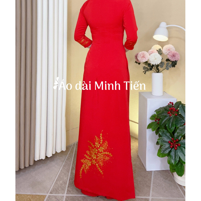 Áo Dài Chất Liệu Lụa Mỹ Cao Cấp Họa Tiết Đính Kết Đá + May Thủ Công Tỉ Mỉ - Mã C1 Cổ Tròn Đỏ Tươi