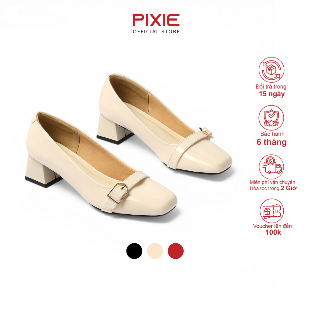 Giày Cao Gót Nữ 4cm Mũi Vuông Phối Khoá Da Bóng Thanh Lịch Pixie H448