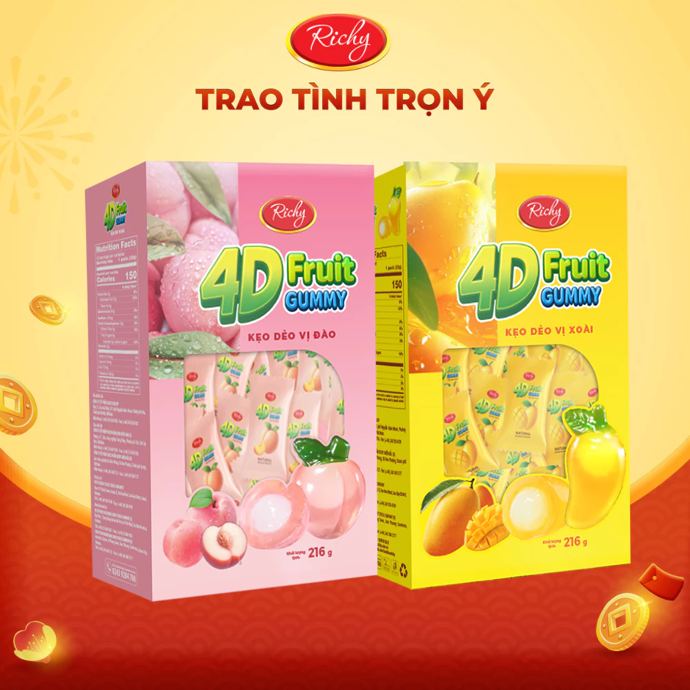 [MUA 1 TẶNG 1]Kẹo Dẻo Richy 4D Fruit Gummies 216g Sốt Trái Cây Tươi Vị Đào/ Xoài Ngọt Ngào