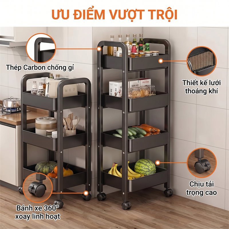 Xe Đẩy Spa Đựng Đồ Có Bánh Xe Kệ Sắt Đa Năng Chắc Chắn Kệ Tiện Lợi 3/4/5 lớp