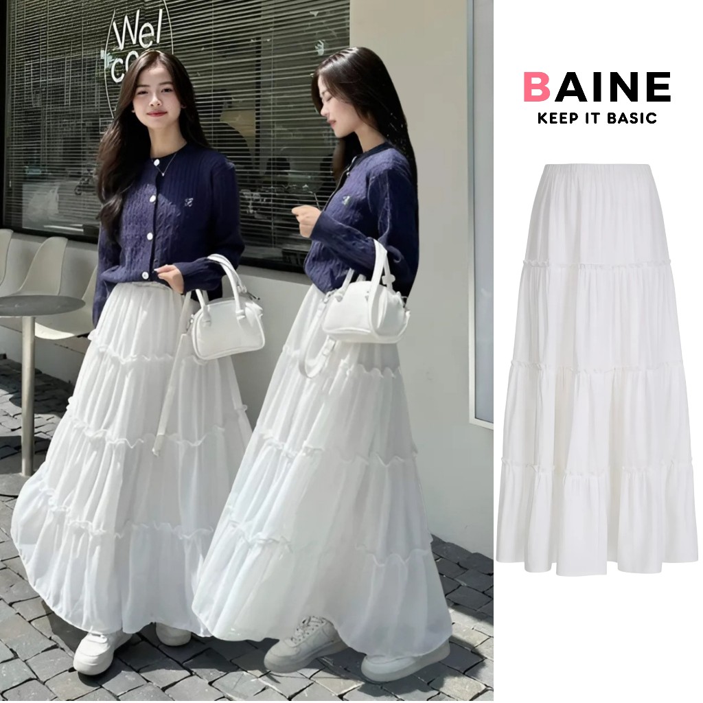 Chân Váy Voan Lụa Dáng Dài 2 Lớp Kiểu Trơn Midi Có Lót Trong Cạp Chun Lưng BAINE - CV19 | BigBuy360 - bigbuy360.vn