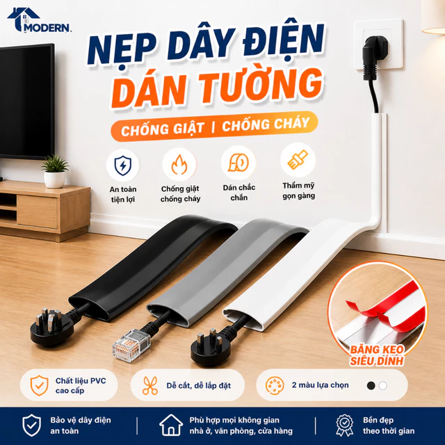 Nẹp Dây Điện Nổi Dán Tường MODERN, Vỏ Bọc Dây Cáp Chống Giật Điện, Chống Cháy, Bảo Vệ Dây Điện