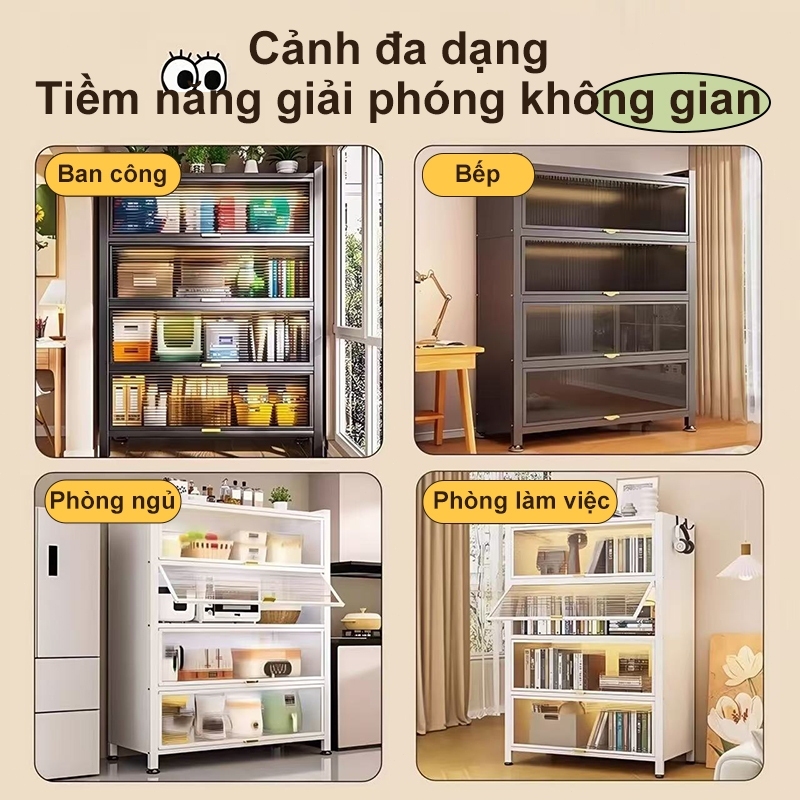 Kệ Tủ Bếp thép cacbon Kệ tủ đa năng có cửa trong suốt chống bụi tiện lợi Kệ để đồ nhà bếp đẹp mắt