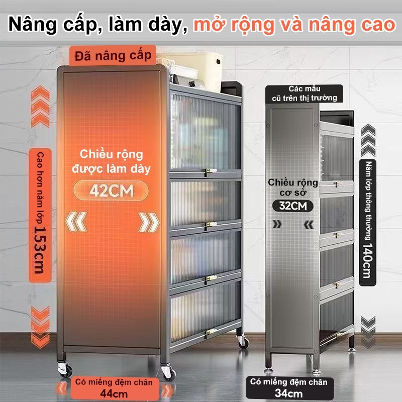 Kệ Tủ Bếp thép cacbon Kệ tủ đa năng có cửa trong suốt chống bụi tiện lợi Kệ để đồ nhà bếp đẹp mắt