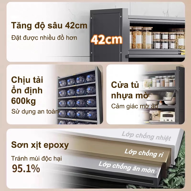 Kệ Tủ Bếp thép cacbon Kệ tủ đa năng có cửa trong suốt chống bụi tiện lợi Kệ để đồ nhà bếp đẹp mắt