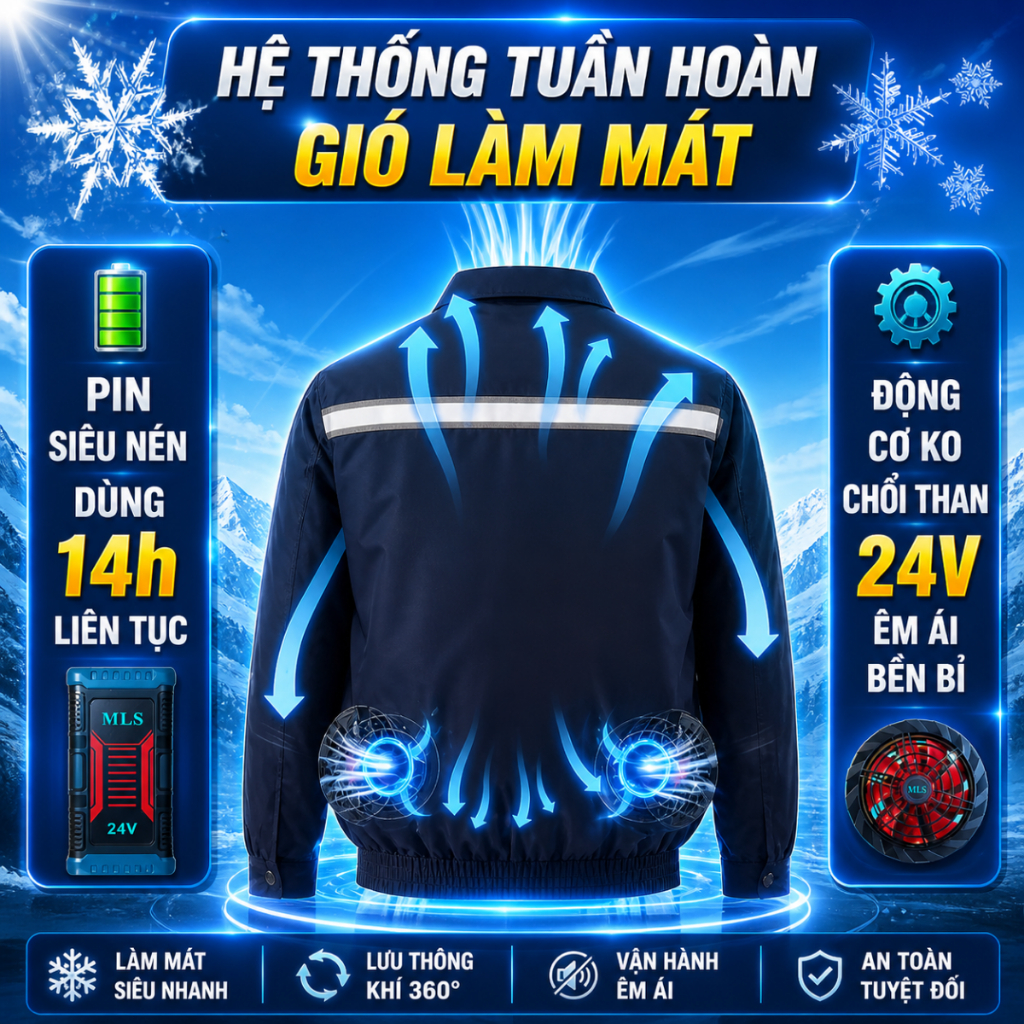 Áo điều hòa Nhật Bản MLS M1 pin trâu 94000 mAh sử dụng liên tục 12-14h, pin quạt áo điều hòa BH 12T