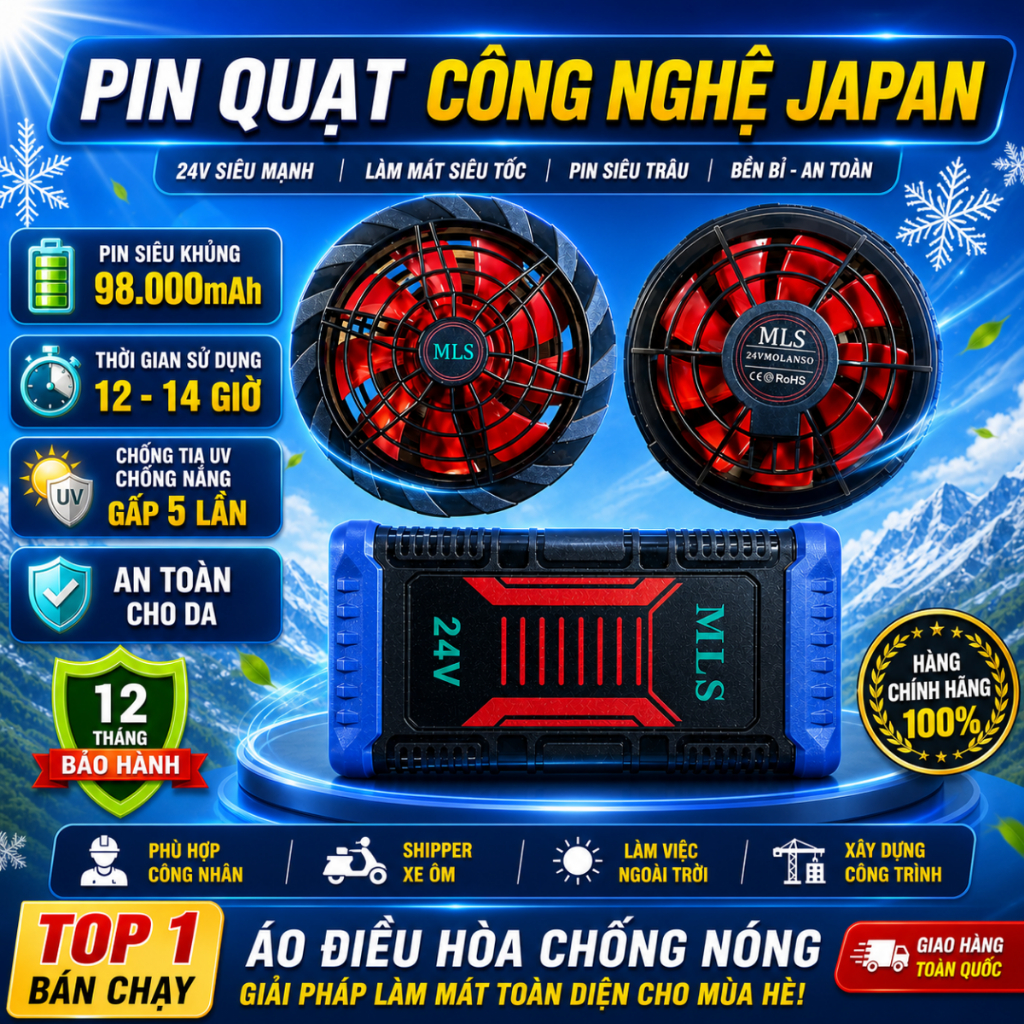 Áo điều hòa Nhật Bản MLS M1 pin trâu 94000mah sử dụng liên tục 14h,pin quạt áo điều hòa BH 12 tháng