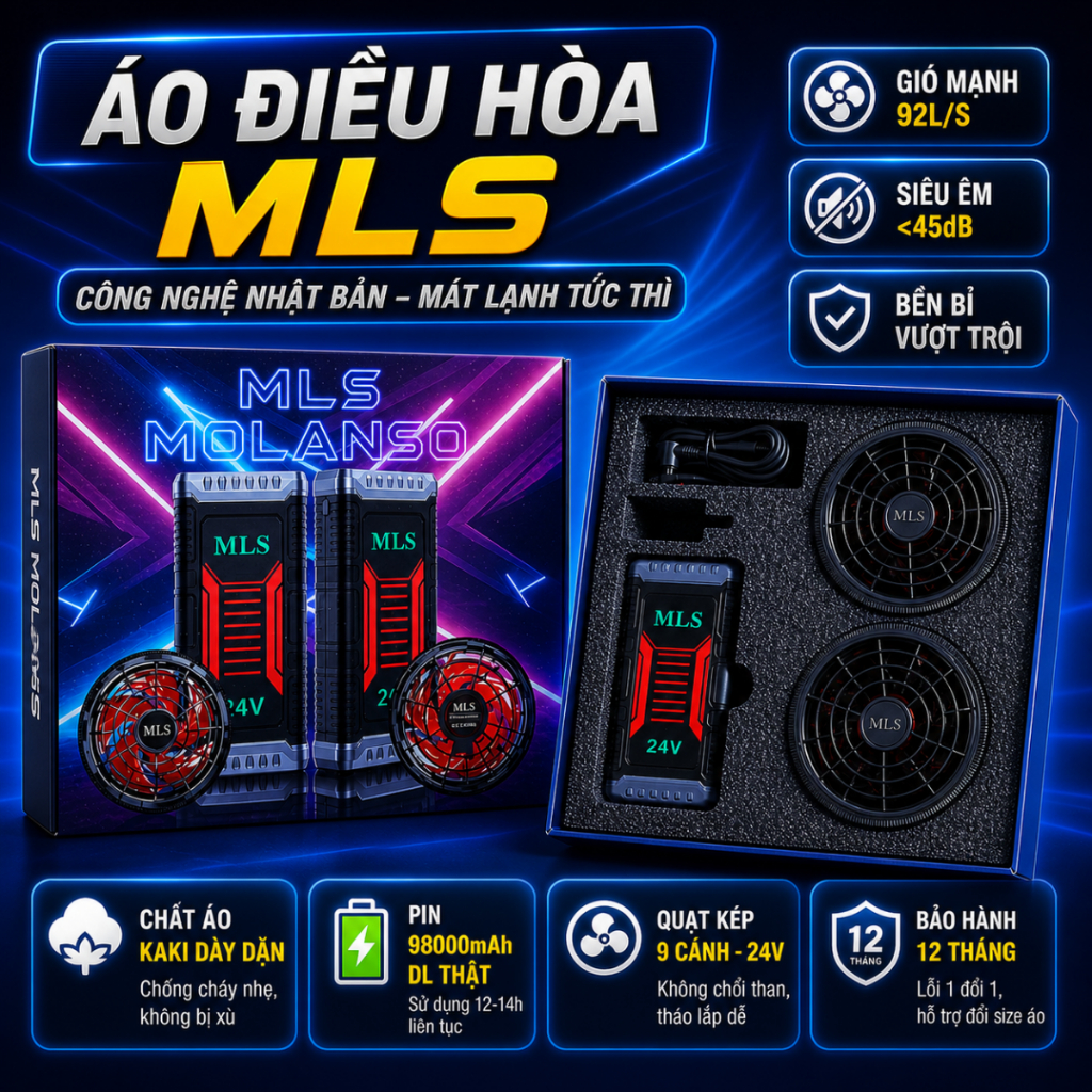 Áo điều hòa Nhật Bản MLS M1 pin trâu 94000mah sử dụng liên tục 14h,pin quạt áo điều hòa BH 12 tháng