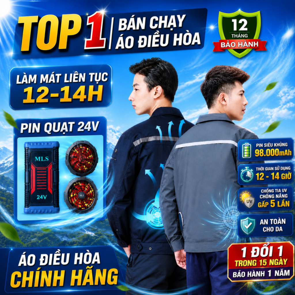 Áo điều hòa Nhật Bản MLS M1 pin trâu 94000 mAh sử dụng liên tục 12-14h, pin quạt áo điều hòa BH 12T