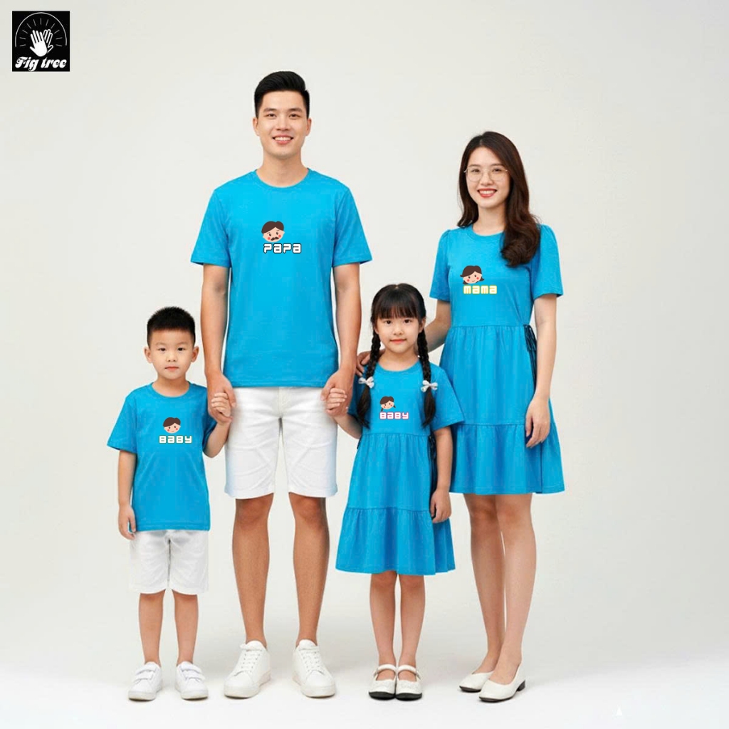 Set Gia Đình Fig Tree Màu Xanh Ngọc,Set Thun in Papa mama baby Cực Xinh Đẹp Đón Hè, Hàng Thiết kế