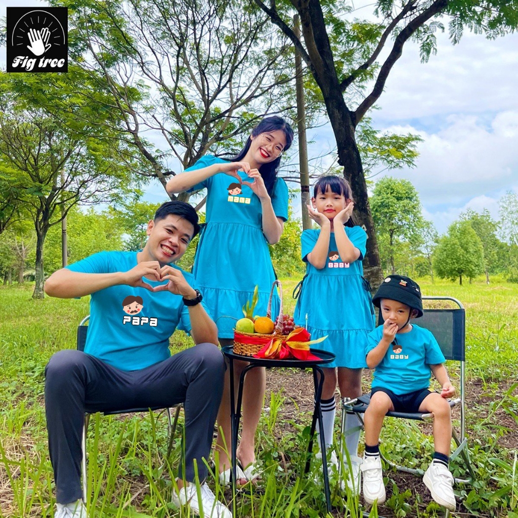 Set Gia Đình Fig Tree Màu Xanh Ngọc,Set Thun in Papa mama baby Cực Xinh Đẹp Đón Hè, Hàng Thiết kế