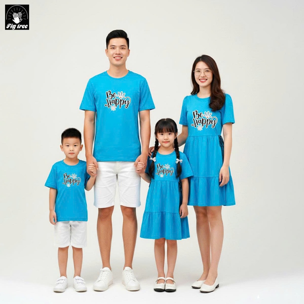 Áo Gia Đình Màu Xanh Ngọc Be Happy Chất Thun Cotton Dày Dặn, Mẹ và bé váy babydoll nơ eo cực xinh