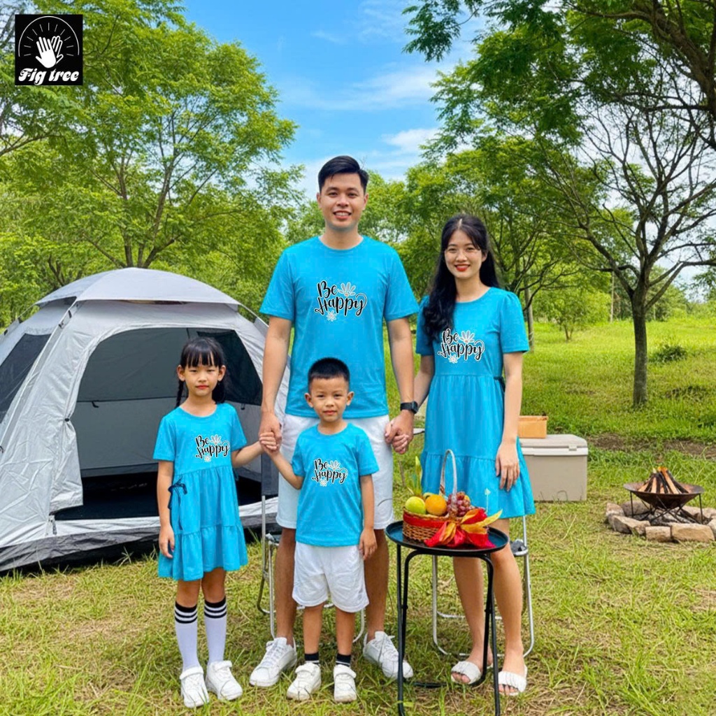 Áo Gia Đình Màu Xanh Ngọc Be Happy Chất Thun Cotton Dày Dặn, Mẹ và bé váy babydoll nơ eo cực xinh