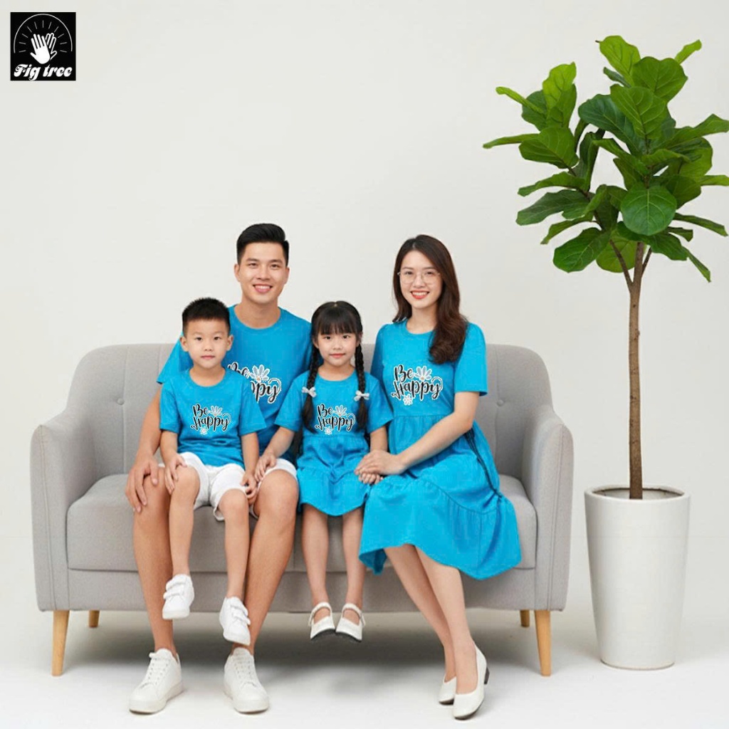 Áo Gia Đình Màu Xanh Ngọc Be Happy Chất Thun Cotton Dày Dặn, Mẹ và bé váy babydoll nơ eo cực xinh