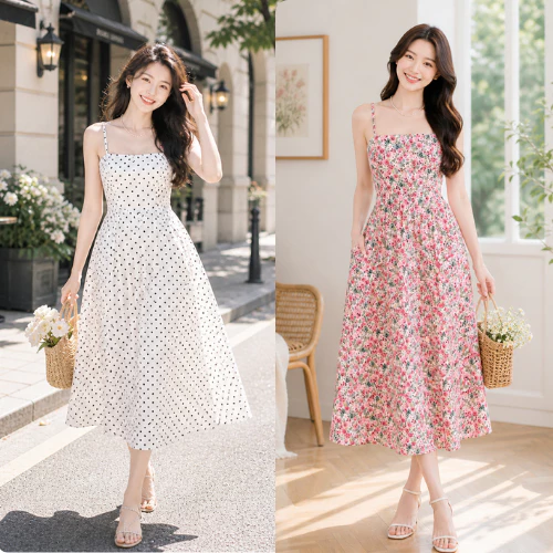 Váy hoa nhí 2 dây đi biển dạo phố, Đầm maxi hoa nhí xếp ly, Váy suông hai dây sang chảnh dáng dài VD04 - BIATON KIDS