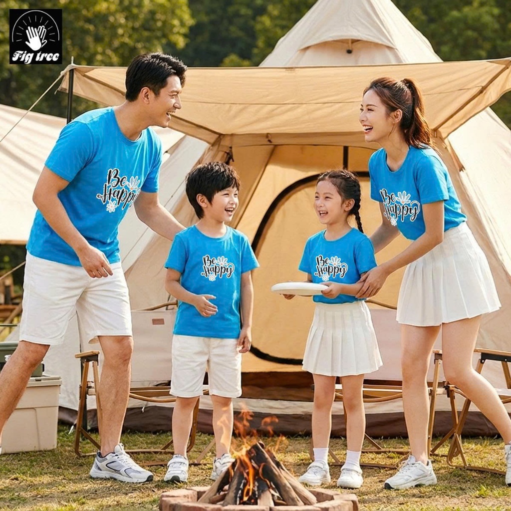 Áo Gia Đình Màu Xanh Ngọc Be Happy Chất Thun Cotton Dày Dặn, Mẹ và bé váy babydoll nơ eo cực xinh