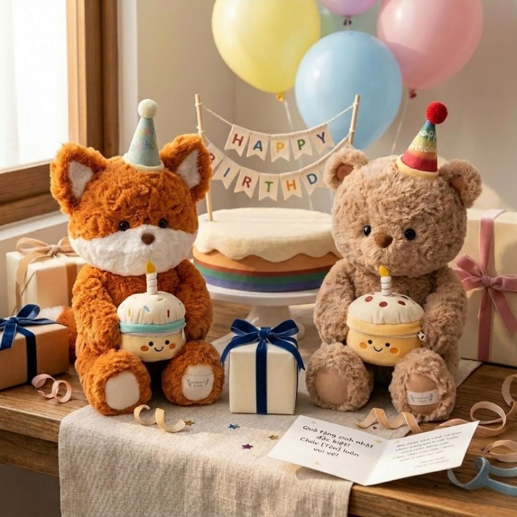 Gấu Bông Sinh Nhật Teddy Và Cáo Ôm Bánh Kem Có Ngăn Để Quà Dễ Thương Làm Quà Tặng Sinh Nhật Cho Mọi Người