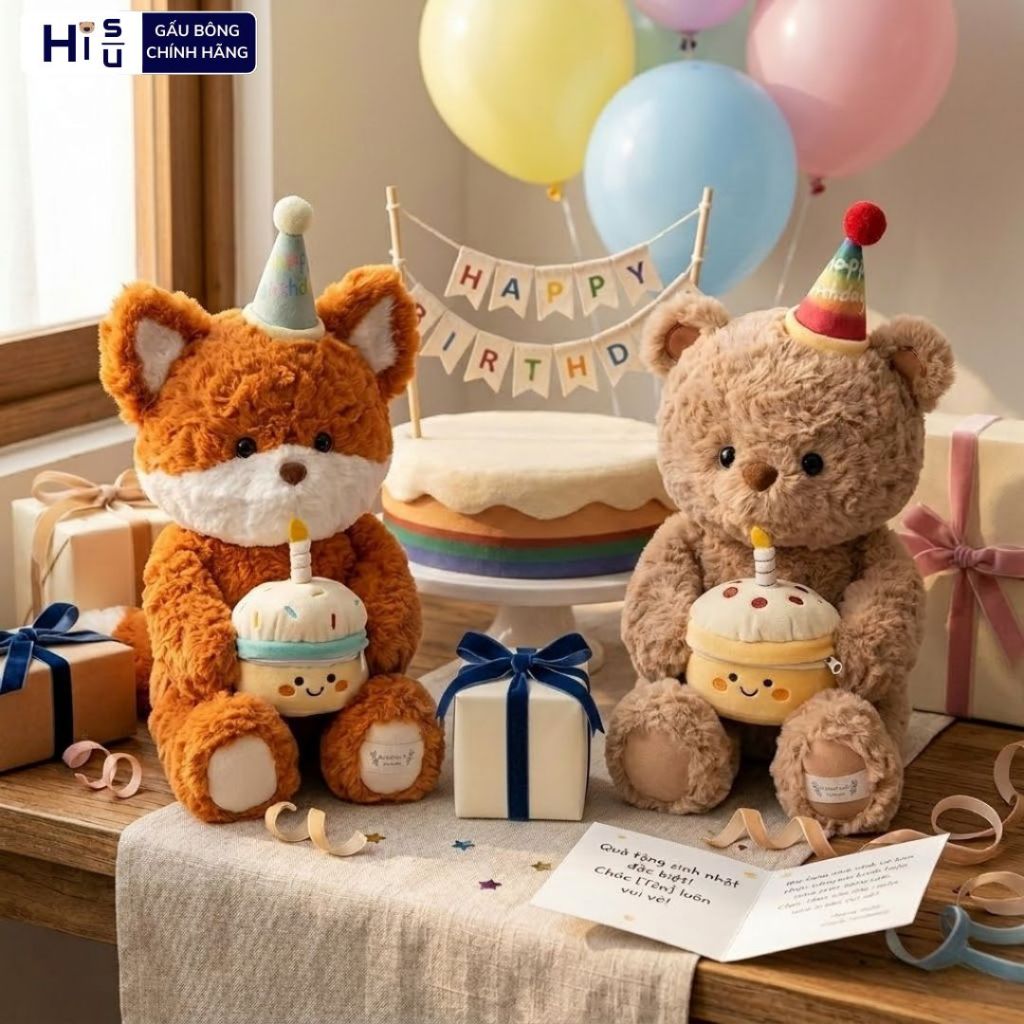 Gấu Bông Sinh Nhật Teddy và Cáo Ôm Bánh Kem Có Ngăn Đựng Quà Làm Quà Tặng Sinh Nhật Cho Người Yêu, Người Thân