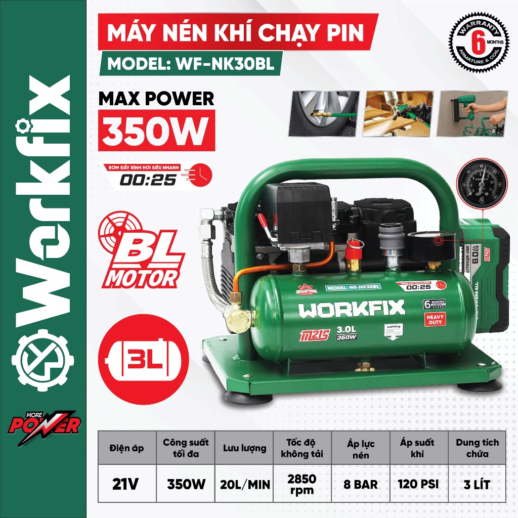 Máy Nén Khí PinWORKFIX WF-NK30BL Dung Tích 3L Chân Pin Phổ Thông M21 Công suất 350W Máy nén khí dùng pin
