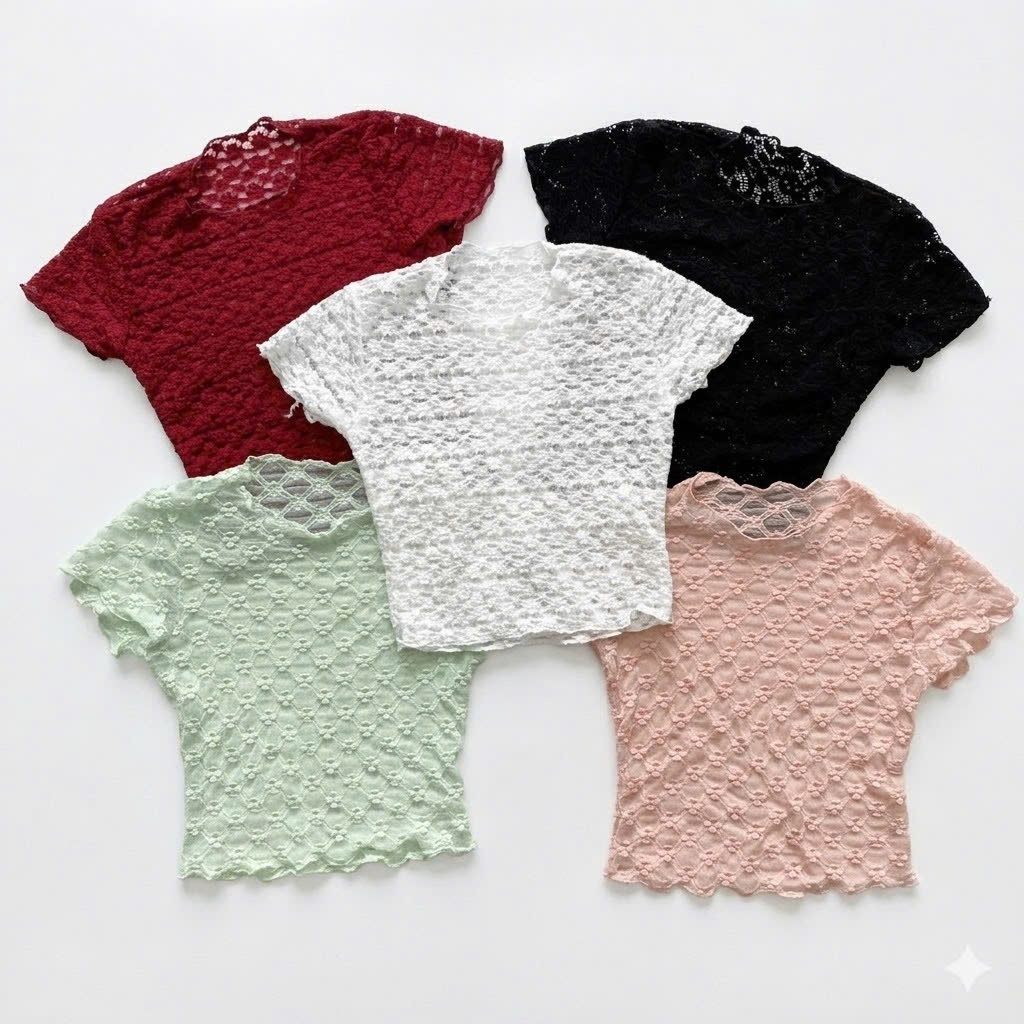 Áo Lưới Nữ BABEE Kiểu Croptop Tay Ngắn Cổ Tròn Thiết Kế Họa Tiết Ren Phong Cách Gợi Cảm