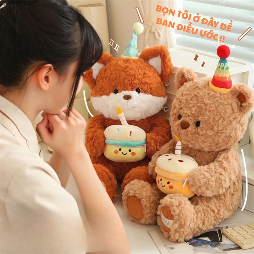 Gấu Bông Sinh Nhật Teddy Và Cáo Ôm Bánh Kem Có Ngăn Để Quà Dễ Thương Làm Quà Tặng Sinh Nhật Cho Mọi Người