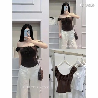 Set Bộ Đồ Nữ Áo Thun Zip Màu Nâu Phối Cổ Vai Tay Thô Ren Boi Dây Nơ Mix Quần Bí Chấm Bi
