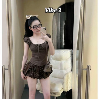 Set Bộ Đồ Nữ Áo Thun Zip Màu Nâu Phối Cổ Vai Tay Thô Ren Boi Dây Nơ Mix Quần Bí Chấm Bi