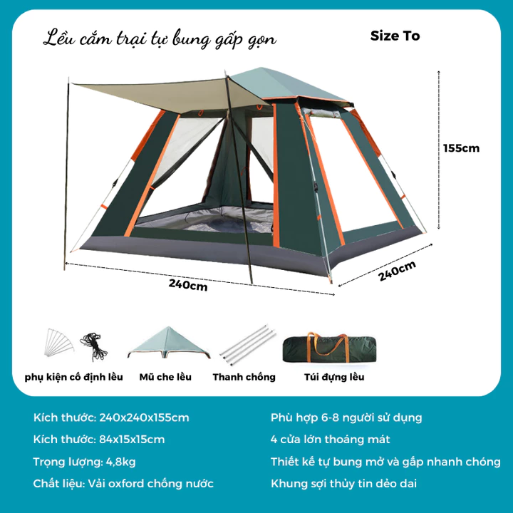 Lều Cắm Trại, lều dã ngoại tự bung 4-6 người chống nước chống tia tử ngoại - Lều cắm trại du lịch