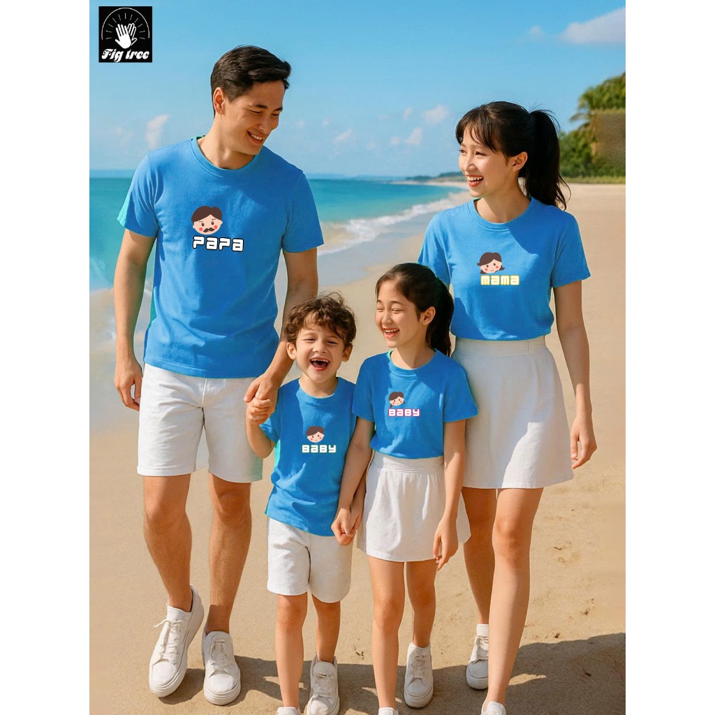 Áo Thun Gia Đình Cổ Tròn Fig Tree Màu Xanh Ngọc  PAPA MAMA BABY - Chất Thun Cotton Co Giản 4 Chiều