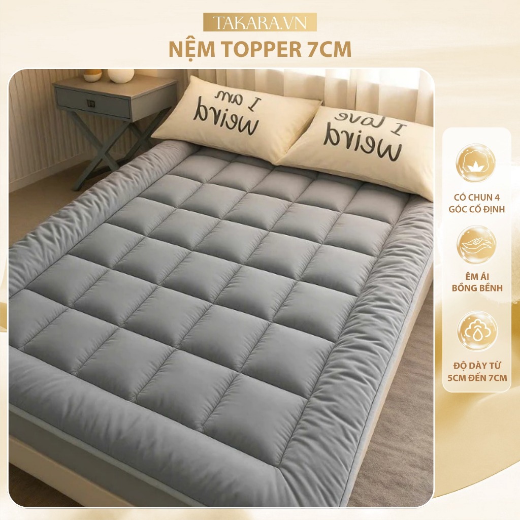 Topper Nệm TAKARA 7cm Cao Cấp – Tấm Lót Trải Sàn Êm Ái, Bảo Vệ Nệm, Dùng Văn Phòng & Ký Túc Xá