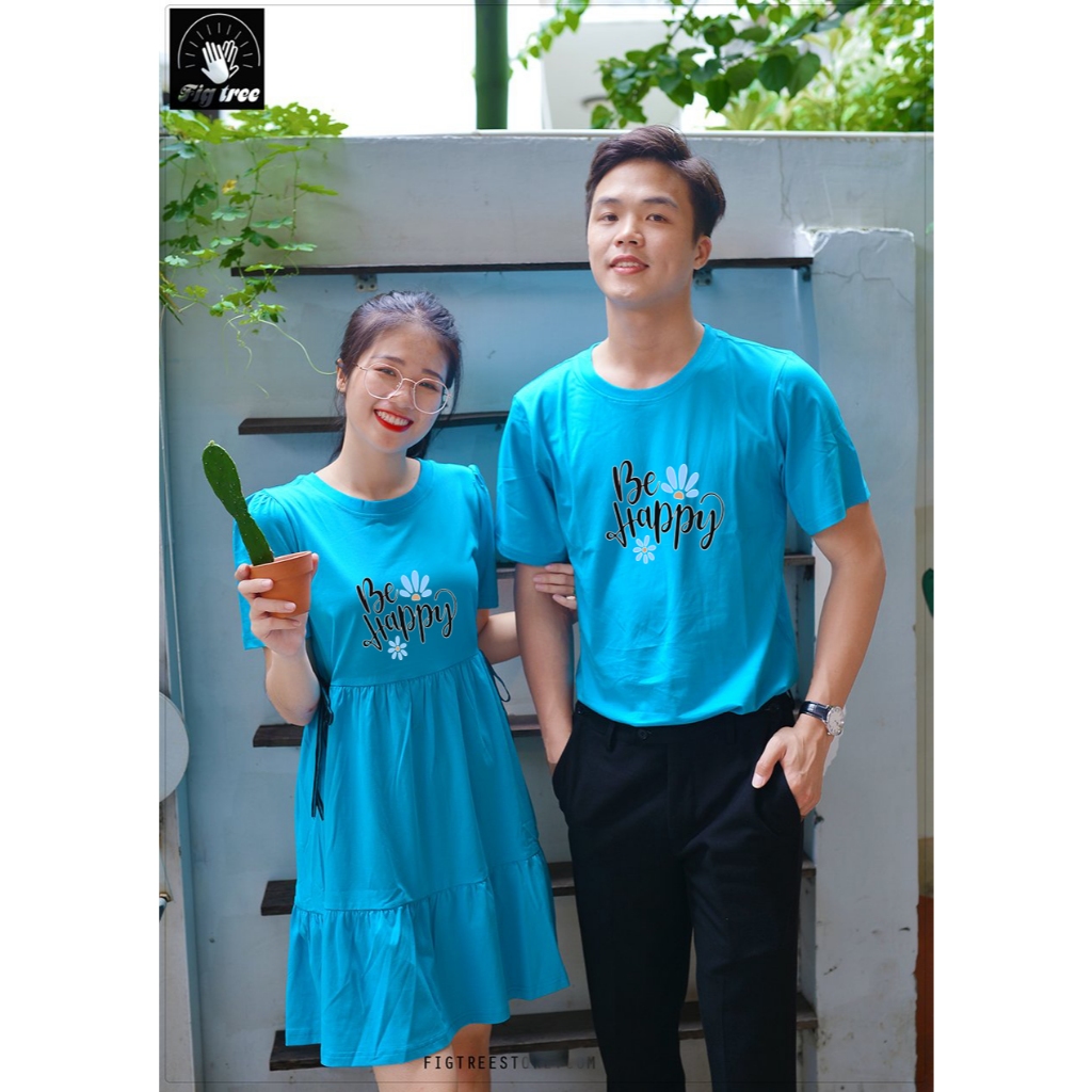 Áo Váy Thun Đôi Cotton Fig Tree Màu Xanh Ngọc in hình Be Happy, Váy Nữ Nơ Eo Siêu Xinh