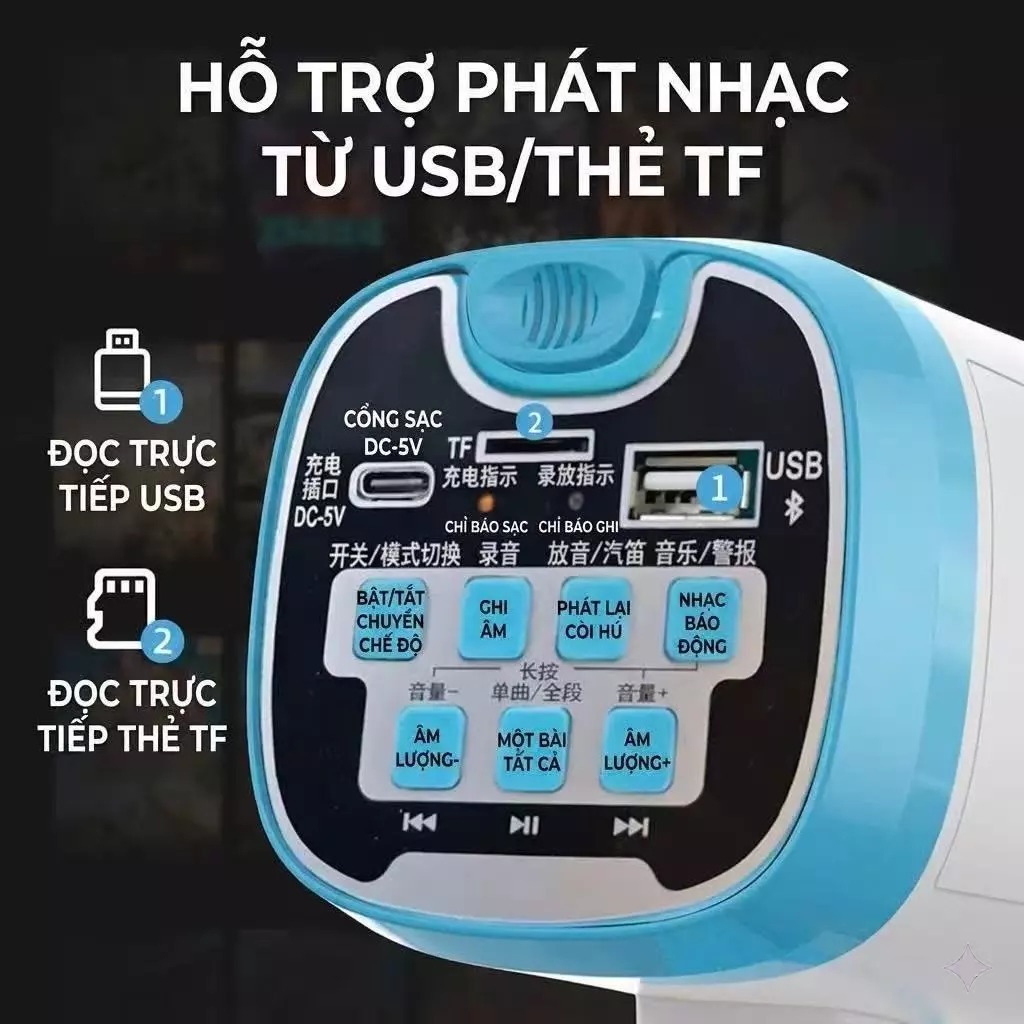 Loa Phóng Thanh Megaphone Bluetooth Cầm Tay, Ghi Âm Phát Lại, Hỗ Trợ USB Thẻ Nhớ 2pin/4pin Thời Gian Sử Dụng Bền Bỉ
