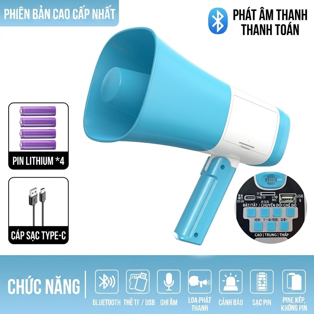 Loa Phóng Thanh Megaphone Bluetooth Cầm Tay, Ghi Âm Phát Lại, Hỗ Trợ USB Thẻ Nhớ 2pin/4pin Thời Gian Sử Dụng Bền Bỉ