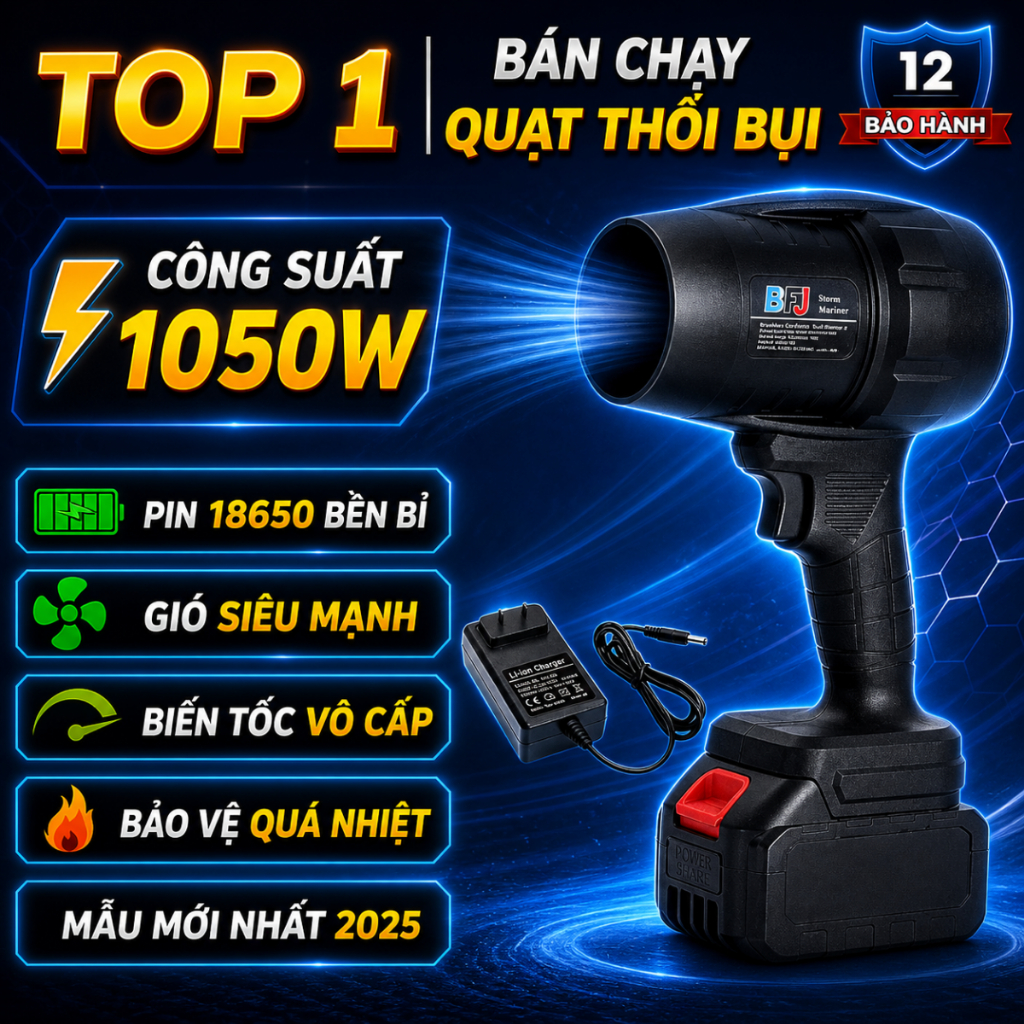 Máy thổi lá thổi bụi siêu khỏe, quạt thổi turbo đông cơ không chổi than chân pin phổ thông