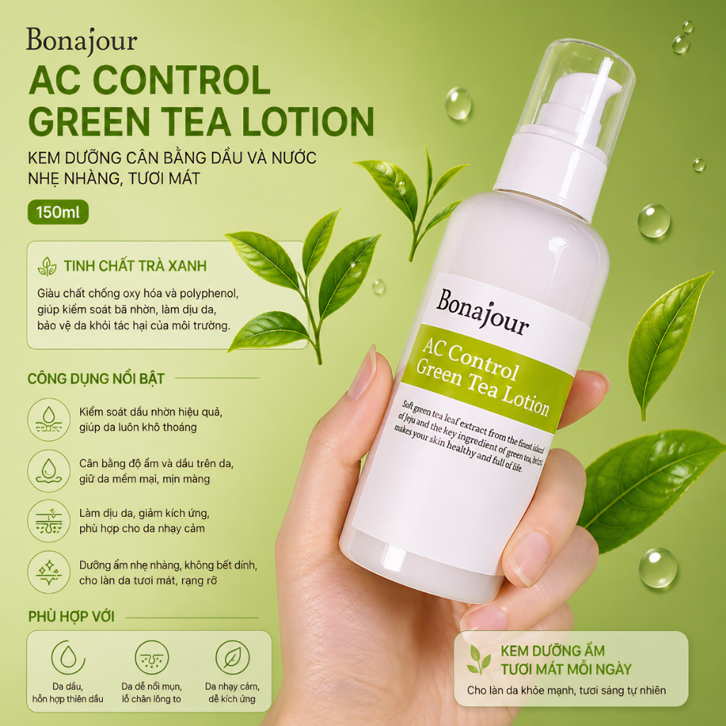 Kem dưỡng cân bằng dầu và nước nhẹ nhàng, tươi mát BONAJOUR AC CONTROL GREEN TEA LOTION 150ml | DAMDAVN