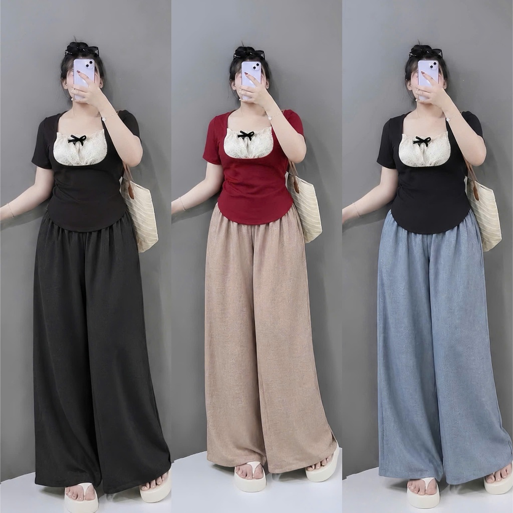 Sét đồ bigsize nữ quần suông dài ống rộng phối áo kiểu ren tay ngắn mặc cực xinh 55-93kg G264+Q564