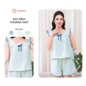 Đồ bộ mặc nhà nữ SUNFLY đũi mềm mát áo sát nách quần sooc ST9389