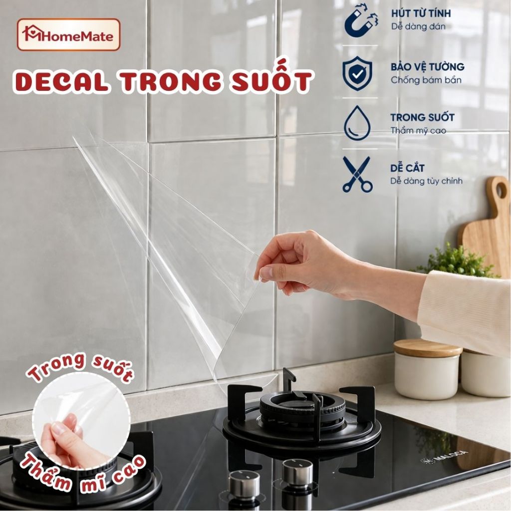 Decal Dán Bếp Trong Suốt Không Keo – Giấy Dán Tường Chống Dầu Mỡ, Chịu Nhiệt, Chống Bám Bẩn, Dễ Lau Chùi