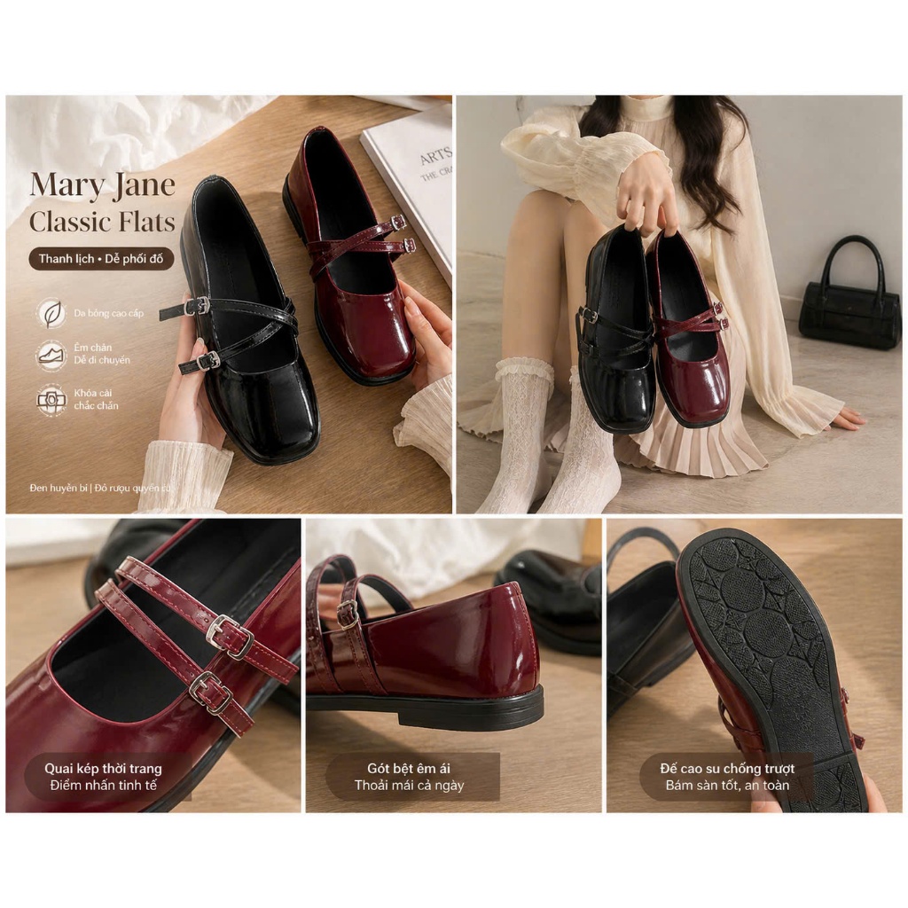 Giày búp bê lolita 2 Quai Nữ Thời Trang mũi vuông WINDY BB-0247 BB-0248 BB-0249 | BigBuy360 - bigbuy360.vn