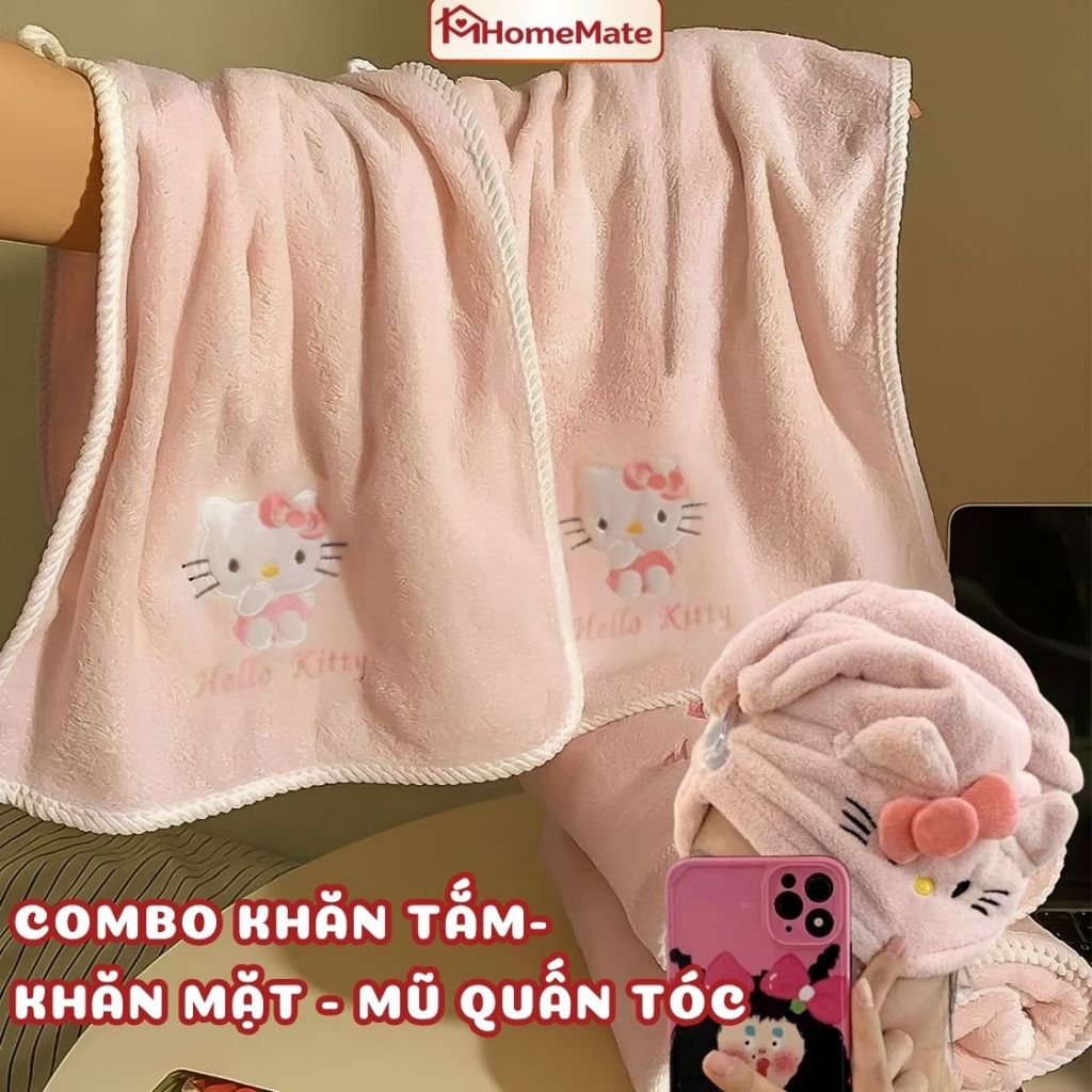 Combo Khăn Tắm Kitty Lông San Hô – Khăn Tắm + Khăn Mặt + Mũ Quấn Tóc, Siêu Mềm, Thấm Hút Nhanh, Không Xù