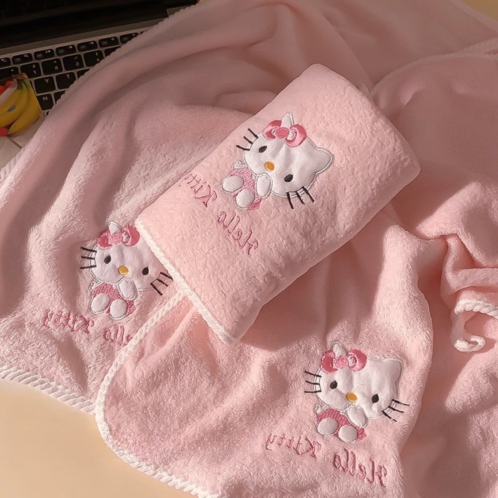 Combo Khăn Tắm Kitty Lông San Hô – Khăn Tắm + Khăn Mặt + Mũ Quấn Tóc, Siêu Mềm, Thấm Hút Nhanh, Không Xù